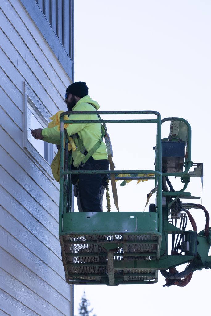 High-rise window cleaning using a lift commercial window cleaning services